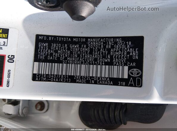 2T1BURHE3JC111764 2018 TOYOTA COROLLA White Vista del compartimento del motor