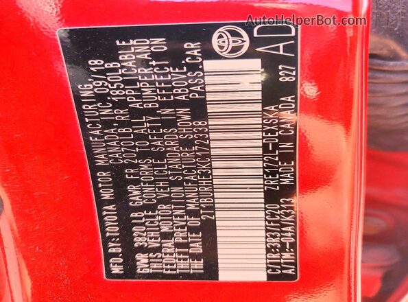 2T1BURHE3KC172338 2019 TOYOTA COROLLA Maroon Vista del compartimento del motor