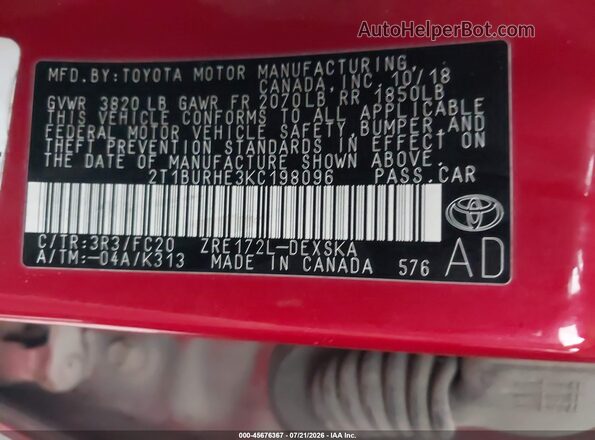 2T1BURHE3KC198096 2019 TOYOTA COROLLA Red ძრავის განყოფილების ხედი