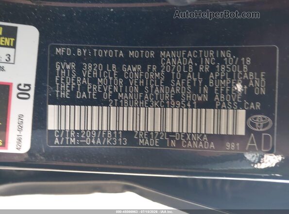 2T1BURHE3KC199541 2019 TOYOTA COROLLA Черный Вид подкапотного пространства
