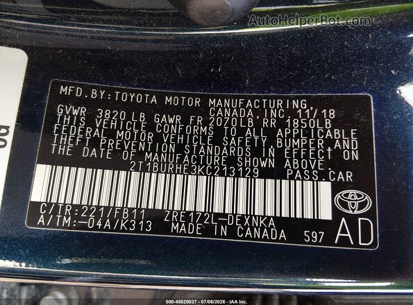 2T1BURHE3KC213129 2019 TOYOTA COROLLA Blue Vista del compartimento del motor