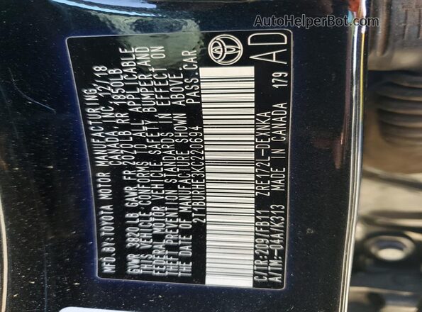 2T1BURHE3KC220694 2019 TOYOTA COROLLA Черный Вид наклейки с VIN-кодом
