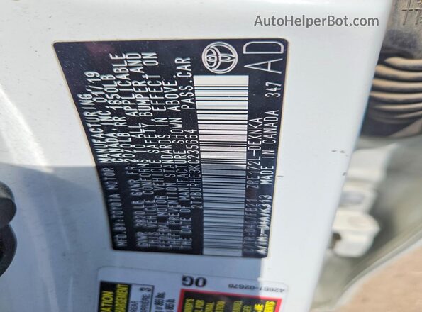 2T1BURHE3KC235664 2019 TOYOTA COROLLA Белый Вид наклейки с VIN-кодом