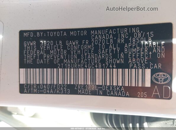 2T1BURHE4GC481744 2016 TOYOTA COROLLA White ძრავის განყოფილების ხედი