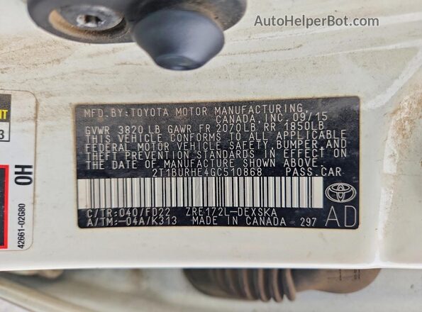 2T1BURHE4GC510868 2016 TOYOTA COROLLA White Widok komory silnika