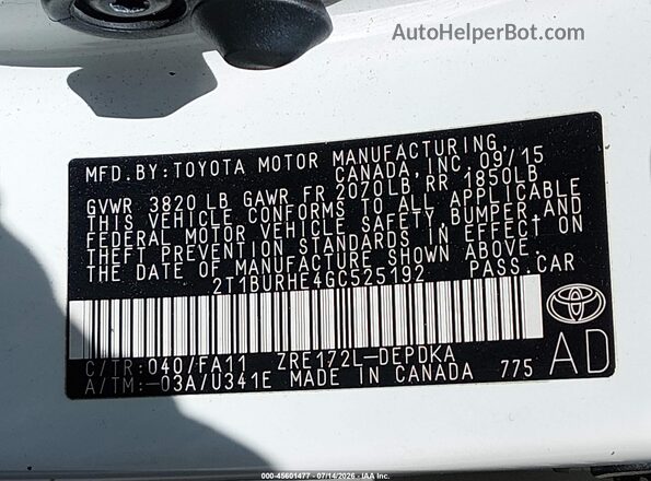 2T1BURHE4GC525192 2016 TOYOTA COROLLA White Вид підкапотного простору