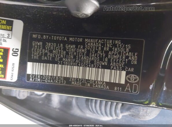 2T1BURHE4GC548374 2016 TOYOTA COROLLA Черный Вид подкапотного пространства