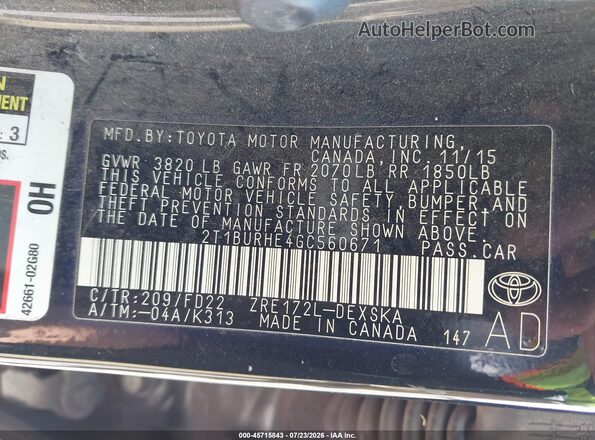 2T1BURHE4GC560671 2016 TOYOTA COROLLA Black Engine compartment view