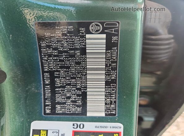 2T1BURHE4GC588356 2016 TOYOTA COROLLA Green Widok naklejki z numerem VIN