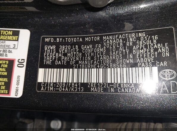 2T1BURHE4GC588566 2016 TOYOTA COROLLA Black ძრავის განყოფილების ხედი