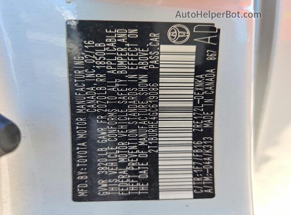 2T1BURHE4GC619086 2016 TOYOTA COROLLA Silver VIN sticker view