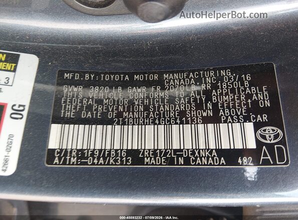 2T1BURHE4GC641136 2016 TOYOTA COROLLA Blue Вид підкапотного простору
