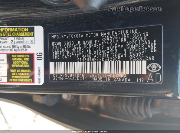 2T1BURHE4GC642805 2016 TOYOTA COROLLA Черный Вид подкапотного пространства