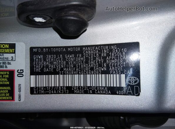 2T1BURHE4GC668062 2016 TOYOTA COROLLA Gray Engine compartment view