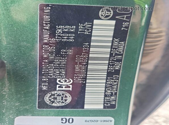 2T1BURHE4GC671334 2016 TOYOTA COROLLA Зеленый Вид подкапотного пространства