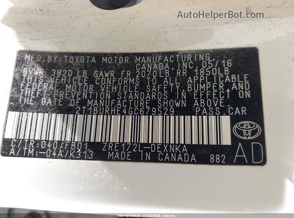 2T1BURHE4GC679529 2016 TOYOTA COROLLA White Widok komory silnika