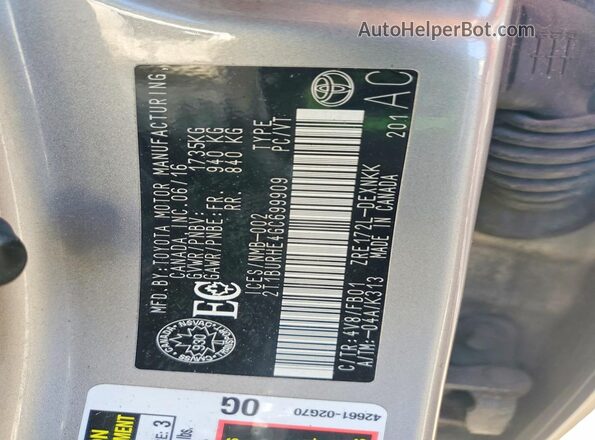 2T1BURHE4GC699909 2016 TOYOTA COROLLA Silver Շարժիչի բաժամունքի տեսք