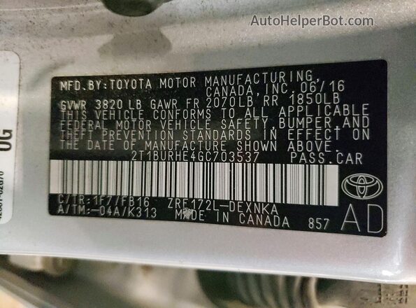 2T1BURHE4GC703537 2016 TOYOTA COROLLA Silver Engine compartment view