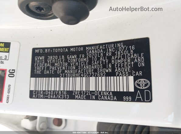2T1BURHE4GC727692 2016 TOYOTA COROLLA Белый Вид подкапотного пространства