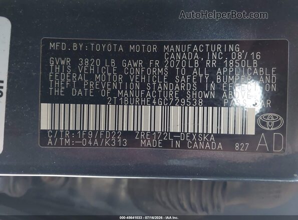 2T1BURHE4GC729538 2016 TOYOTA COROLLA Dark Blue Engine compartment view