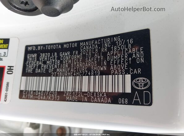 2T1BURHE4HC774819 2017 TOYOTA COROLLA White ძრავის განყოფილების ხედი