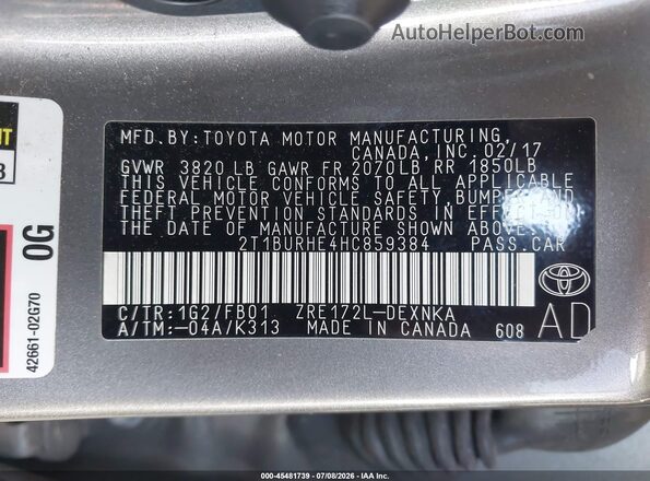 2T1BURHE4HC859384 2017 TOYOTA COROLLA Beige Vista del compartimento del motor