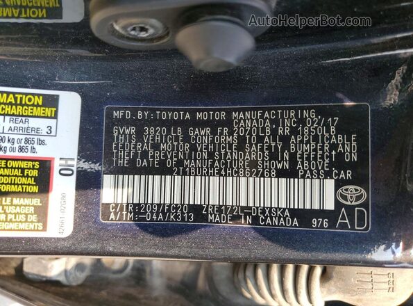 2T1BURHE4HC862768 2017 TOYOTA COROLLA Black ძრავის განყოფილების ხედი