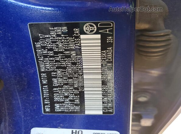 2T1BURHE4HC865928 2017 TOYOTA COROLLA Blue Vista del compartimento del motor