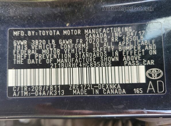 2T1BURHE4HC895866 2017 TOYOTA COROLLA Black Vista de la etiqueta del VIN