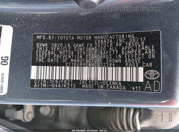 2T1BURHE4HC932284 2017 TOYOTA COROLLA Gray Вид підкапотного простору
