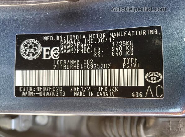 2T1BURHE4HC935282 2017 TOYOTA COROLLA Синий Вид наклейки с VIN-кодом