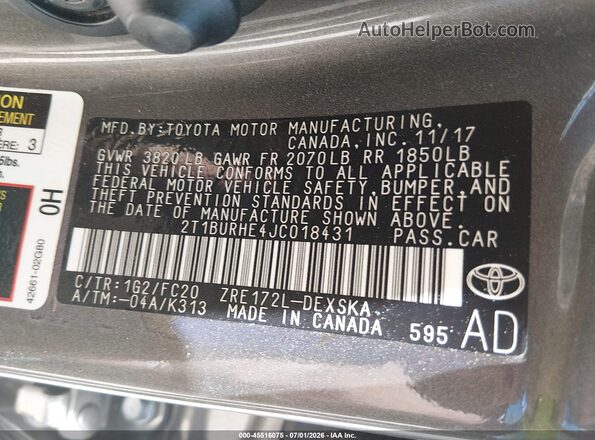 2T1BURHE4JC018431 2018 TOYOTA COROLLA Gray Вид підкапотного простору
