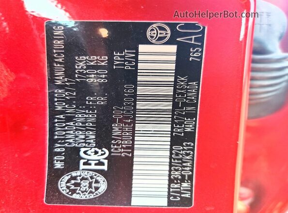2T1BURHE4JC030160 2018 TOYOTA COROLLA Red Vista del compartimento del motor