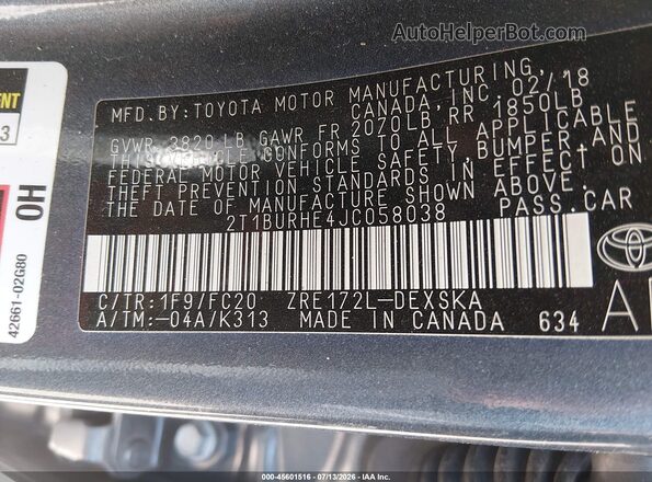 2T1BURHE4JC058038 2018 TOYOTA COROLLA Gray Շարժիչի բաժամունքի տեսք