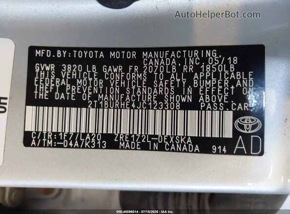 2T1BURHE4JC123308 2018 TOYOTA COROLLA Silver Engine compartment view