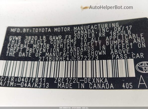 2T1BURHE4JC972273 2018 TOYOTA COROLLA White Engine compartment view