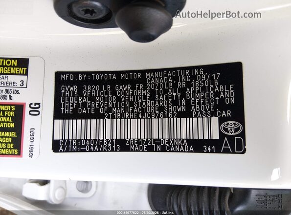 2T1BURHE4JC976162 2018 TOYOTA COROLLA White Engine compartment view