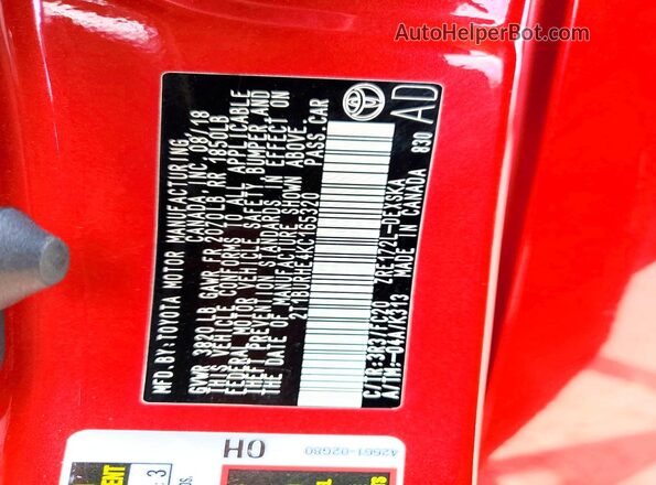 2T1BURHE4KC165320 2019 TOYOTA COROLLA Red VIN sticker view
