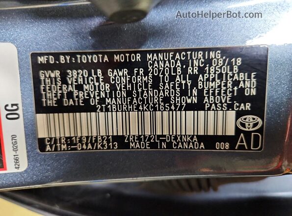 2T1BURHE4KC165477 2019 TOYOTA COROLLA Gray Շարժիչի բաժամունքի տեսք