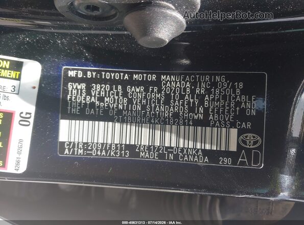 2T1BURHE4KC182814 2019 TOYOTA COROLLA Black Вид підкапотного простору