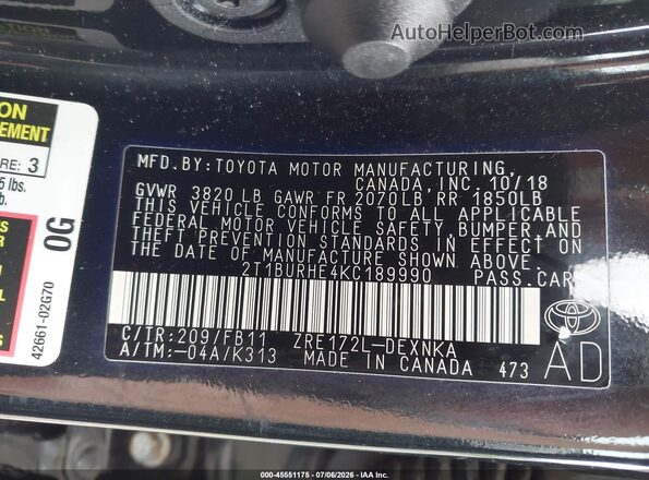 2T1BURHE4KC189990 2019 TOYOTA COROLLA Black Widok komory silnika
