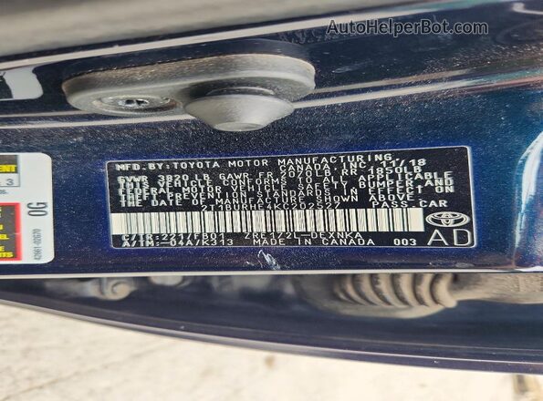 2T1BURHE4KC202527 2019 TOYOTA COROLLA Синий Вид наклейки с VIN-кодом