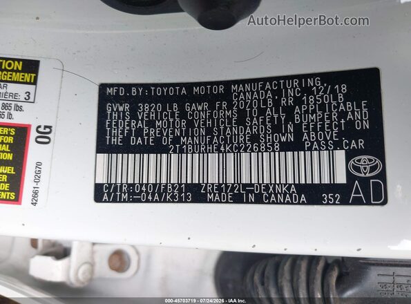 2T1BURHE4KC226858 2019 TOYOTA COROLLA White Engine compartment view