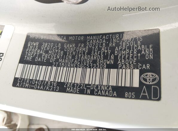2T1BURHE5GC513309 2016 TOYOTA COROLLA Белый Вид подкапотного пространства