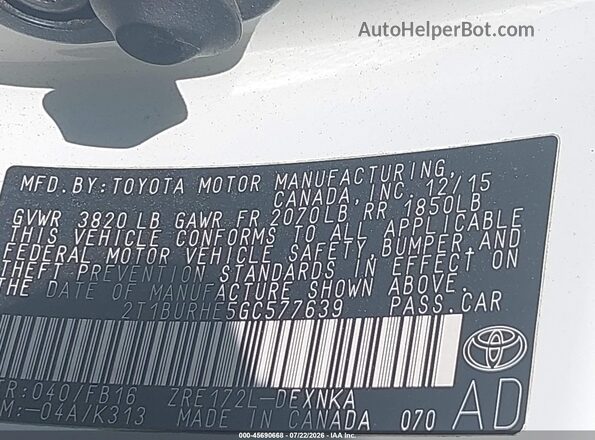 2T1BURHE5GC577639 2016 TOYOTA COROLLA White Widok komory silnika