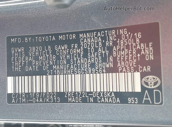 2T1BURHE5GC589564 2016 TOYOTA COROLLA Gray Շարժիչի բաժամունքի տեսք