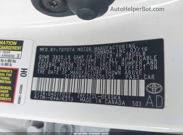 2T1BURHE5GC635135 2016 TOYOTA COROLLA White ძრავის განყოფილების ხედი