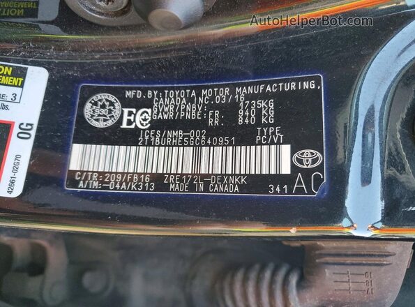 2T1BURHE5GC640951 2016 TOYOTA COROLLA Black Вид наклейки з VIN-кодом