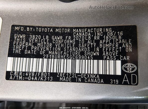 2T1BURHE5GC699045 2016 TOYOTA COROLLA Желто-коричневый Вид подкапотного пространства
