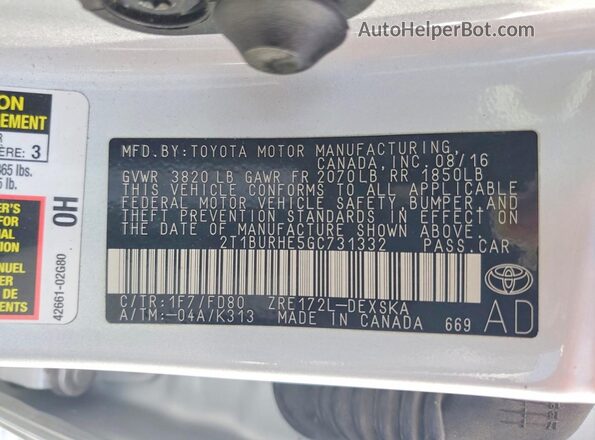 2T1BURHE5GC731332 2016 TOYOTA COROLLA Silver Widok komory silnika